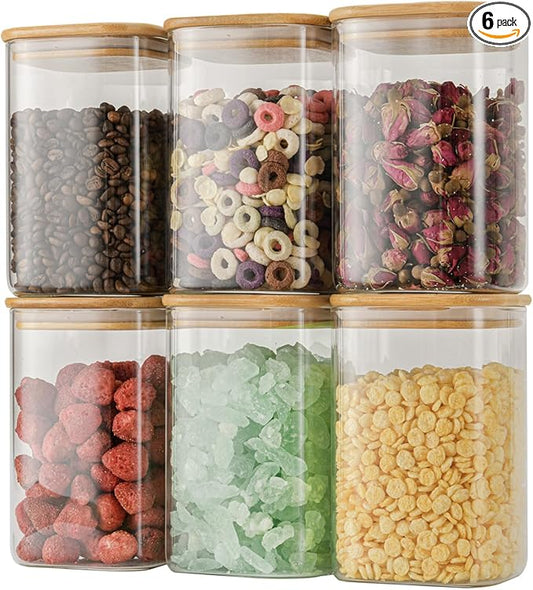 D2scrma 37oz Airtight Glass Square Storage Canisters with Bamboo Lid Set of 6 (1100ml) Stackable Containers, Kitchen Jars for Pantry Noodles, Flour and Coffee beans (‎with Black Lable)