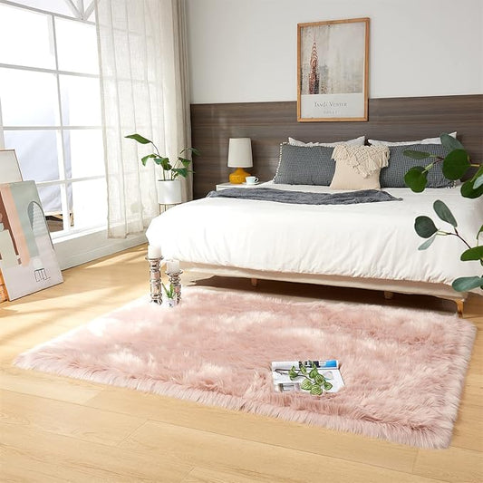 EasyJoy Ultra Soft Fluffy Shaggy Area Rug Faux Fur Rug Chair Cover Seat Pad Fuzzy Area Rug for Bedroom Floor Sofa Living Room (4 x 6 ft Rectangle, Pink)