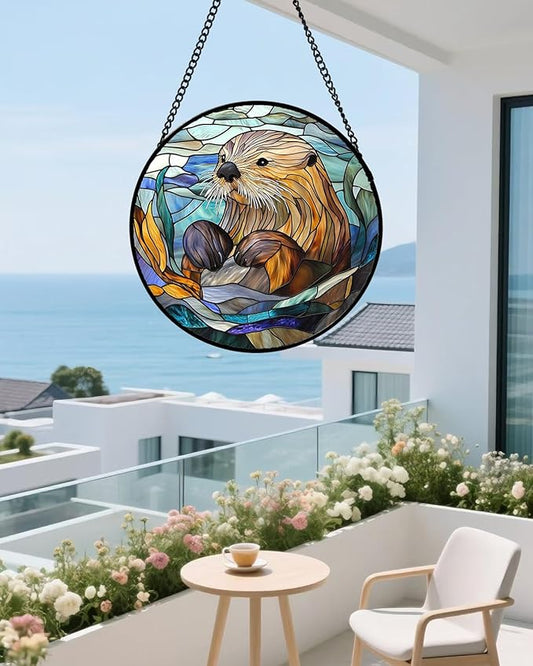 Stained Glass Suncatcher, Blue Ocean Cute Sea Otter Sun Catcher Stain Glass Window Hanging Decoration Mother's Day Birthday Gifts for Women Men Mom Nana 7.8 in