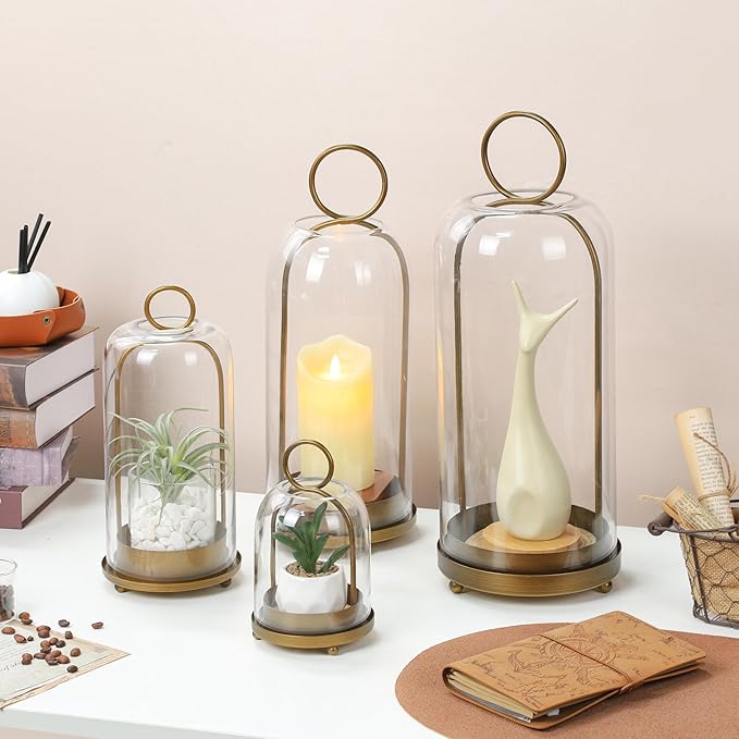 20" High Versatile Modern Metal Hurricane Lantern with Handmade Sturdy Glass Dome in Antique Brass for Pillar Candle & Plants, Industrial, Farmhouse, Shabby Chic (Brass, 7.5"x20")