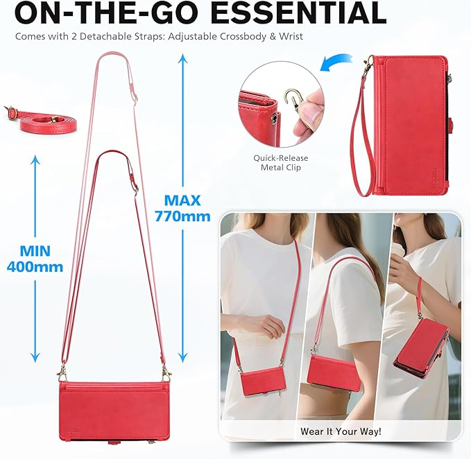 TUCCH Detachable Crossbody Wallet Case for iPhone 17 Pro Max 6.9", 10 Card Slots RFID Blocking | Stand | Lanyard Wrist Strap | Wireless Charging | Zipper Pocket | PU Leather Magnetic Cover | Red