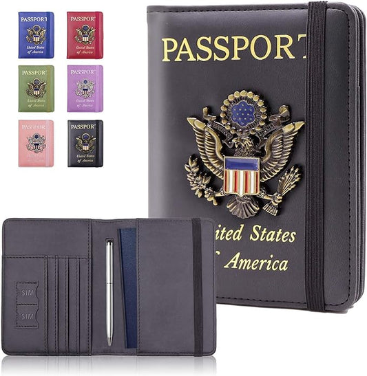 Cnycmy Passport Holder for Travel, Pu Leather Travel Wallet, RFID Blocking, Metal United States Coat of Arms, Waterproof cover for Family (Black)