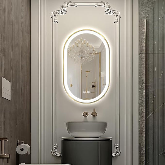 Niccy Oval LED Mirror for Bathroom, 32x20 Front Lit + Backlit Vanity Mirrors with Light Anti-Fog, Shatter-Proof, 3 Colors, Makeup Mirror with Old Gold Frame (Horizontal/Vertical)