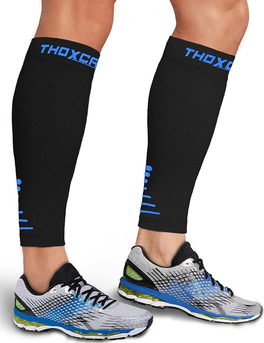 Thoxcare Calf Compression Sleeve for Men Women (1 Pair), Leg Support Footless Compression Socks for Running - Shin Splint Varicose Veins Swelling & Pain Relief, Black/Blue, Small