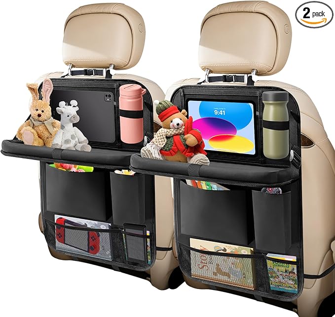 BLYPHOO Car Backseat Organizer: Back Seat Storage Organizer for Kids with Tablet Holder, Heavy Duty Back Seat Protector with Foldable Table Tray, Kick Mats w/Pockets, Road Trip Essentials, 2 Count