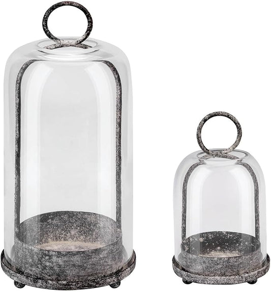 6" & 4" Wide Versatile Modern Metal Hurricane Lantern with Handmade Sturdy Glass Dome in Shabby Black for Pillar Candle & Plants, Industrial, Farmhouse, Shabby Chic (Black Shabby, 4"x7.5" &6.3"x11.2")