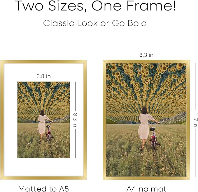 Homeforia A4 Gold Picture Frame, High End Metal 8.3 x 11.7 Frames for Wall or Tabletop, Gold A4 Certificate Frame with Mat A5, 8.3x11.7 Frames Matted to 5.8x8.3 Art, Tempered Glass, Wall Kit, Set of 2