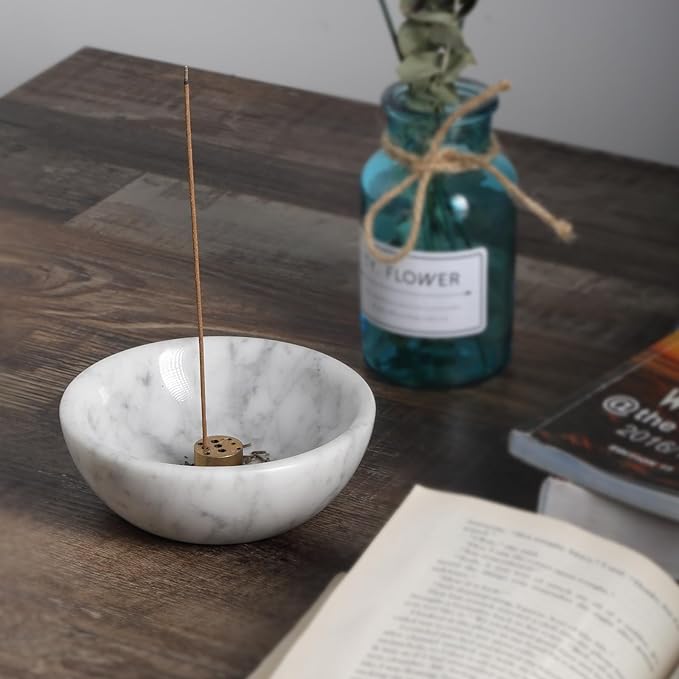 Koville Italian Natural Marble Incense Holder, Incense Holders for Sticks, Sturdy Incense Burner Ash Catcher, Ideal for Meditation, Relaxing, Easy to Clean(Bianco Carrara)