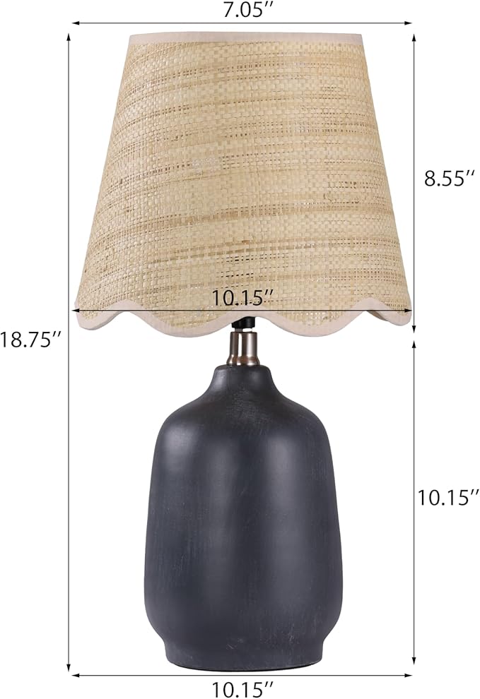 Pia Ricco 19" Modern Ceramic Table Lamp for Living Room Cream Base Desk Lamps for Bedroom Farmhouse Bedside Nightstand Lamp End Table Lamps,Black,Rattan Shade