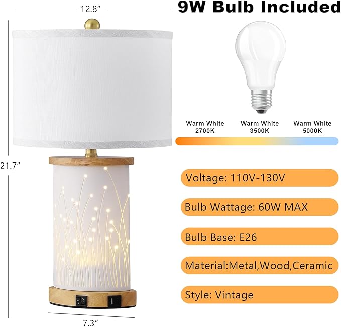 Set of 2 Ceramic Table Lamps with 3 Color Temperatures, Nightstand Table Lamps with AC Outlet, USB A & C Charging Port, Bedside Lamps for Living Room, Bedroom, Office Reading, Burlywood