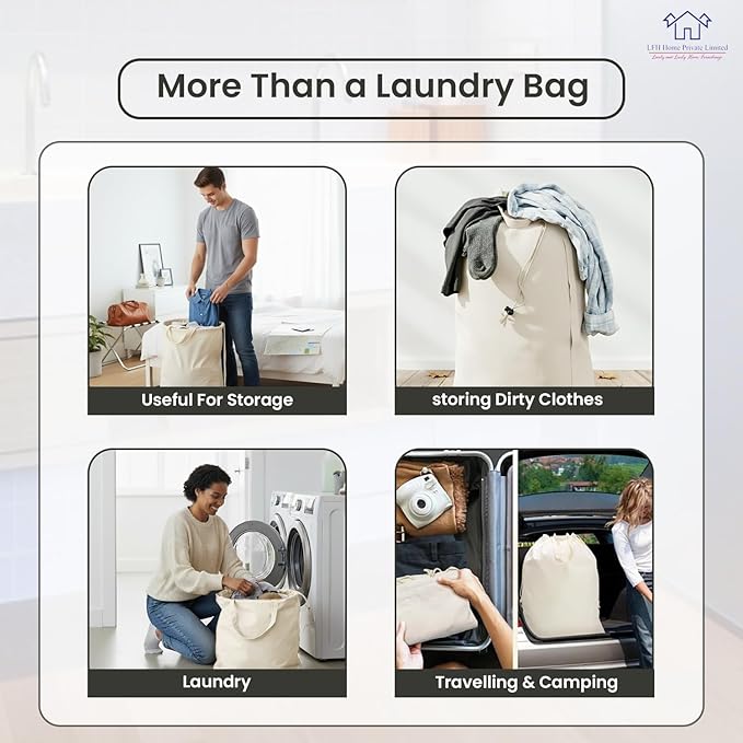 LFH Home Cotton Canvas Large Laundry Bag with Handle, Heavy Duty Drawstring Closure Washable Laundry Bags, School Travel, Home, Hotel, College Dorm, Organizer Sack, Toy Clothes 28x40 (Pack of 4)-White