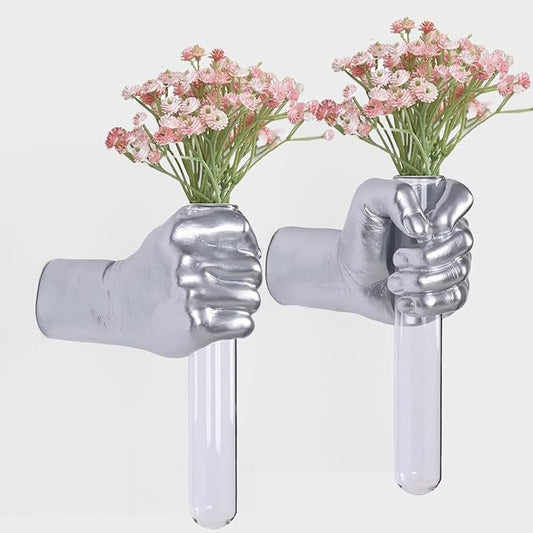 2 Pieces Wall Sculptures, Hands Vase Home Decor, Wall Mount Art Sculpture, Unique Wall Art Statue, Funky Flower Vase Decorations, Modern Eclectic Hanging Decor,Hands Statue (Silver(L+R))