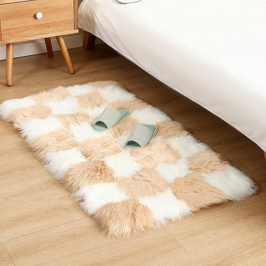 Fluffy Faux Fur Brown and White Checkered Rug，Small Area Rug,2x4 Ft Ultra Soft Shaggy Plush Rug for Bedroom Living Room Bedside Nursery Kids Room