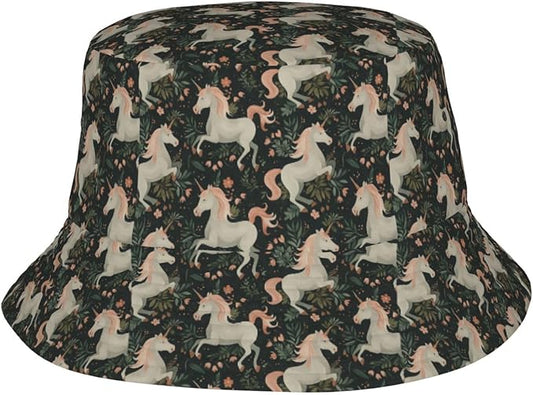 Unicorn and Pink Flower Fisherman Hat Summer Foldable UV Protection Sun Hat
