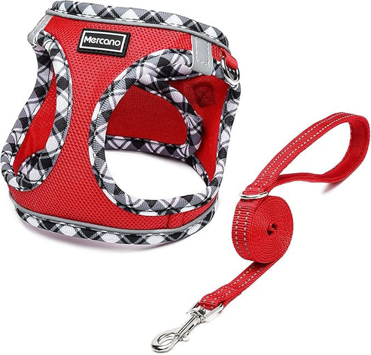 Mercano Soft Mesh Dog Harness and Leash Set, No-Chock Step-in Reflective Breathable Lightweight Easy Walk Vest Harnesses with Safety Buckle for Small Dogs, Cats (Red, M)