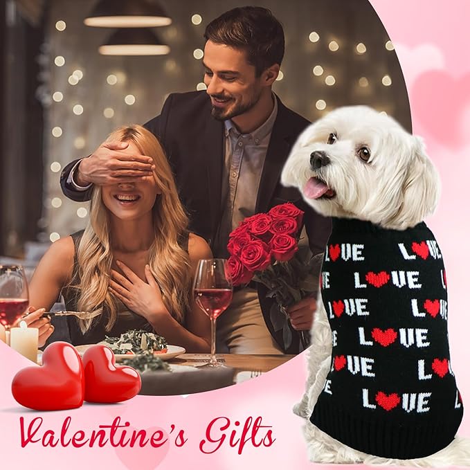 GOYOSWA Valentines Dog Sweater, Dog Valentines Clothes Outfit Knitted Sweaters for Small Medium Large Dogs Pets (Black Love, Small)