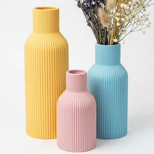 Colorful Ceramic Vases Set of 3 (Pink, Blue, Yellow) - Modern Matte Ribbed Color-Block Vases for Dried Flowers - Scandi Boho Decor Centerpieces for Living Room & Shelf