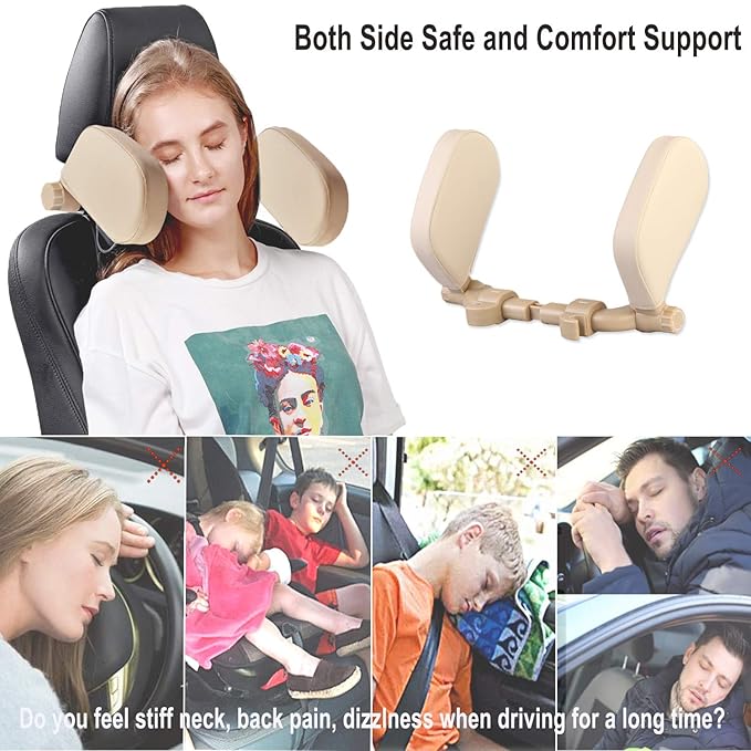 JZCreater Car Seat Headrest Pillow, Head Neck Support Sleeping Travel Seat Pillow with Cushion Foam,Premium Seat Head Pillow,360 Degree Adjustable Long Trip Rest Headrest Pillow for Kids Adult, Beige
