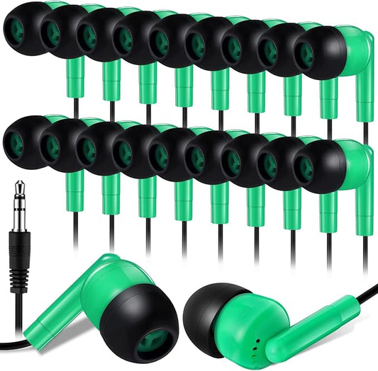 Kanayu 100 Pack Wired Earbuds Bulk for Classroom Ear Headphones Wired Basic Student Earbuds No Microphone with 3.5MM Jack for Class Laptop School Library, Individually Bagged (Green)