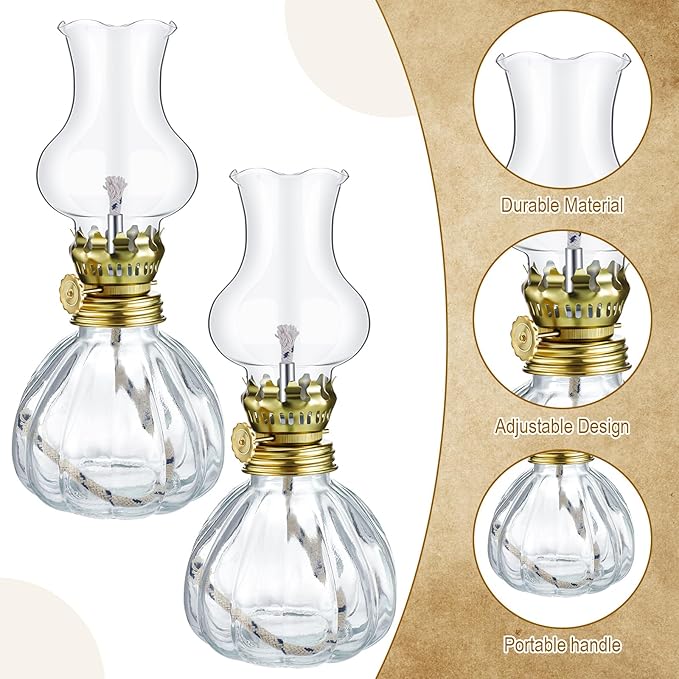 Yexiya 6 Set Vintage Glass Kerosene Lamp Rustic Oil Lamp Lantern Chamber Oil Clear Kerosene Hurricane with 6.6 ft Extra Wick for Indoor Use Lighting Decor Emergency (Pumpkin Style)
