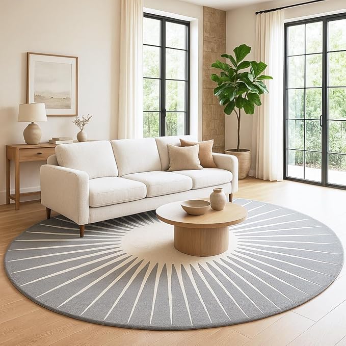 Modern Round Area Rug – Hand-Tufted with 100% NZ Wool, Thick & Soft Circular Carpet for Living Room, Bedroom & Dining Room Decor (Grey, 9' Round)
