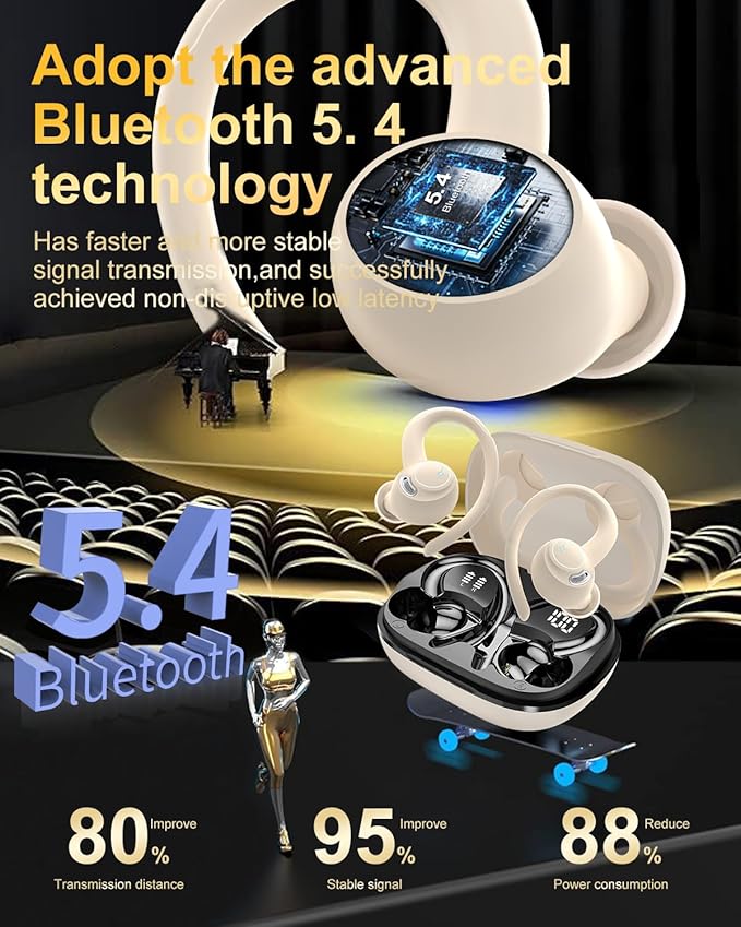Wireless Earbuds, Bluetooth 5.4 Headphones Sport, Over Ear Buds With ENC Noise Cancelling Mic,48H,Wireless Earphone With Earhooks, Stereo Deep Bass,IP7 Waterproof ear bud for Workout Running,Off White