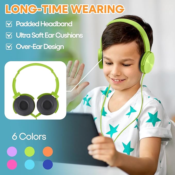 Kids Headphones Bulk 6 Pack for School Classroom Students, Wired Computer Headset Durable Class Set Earphones for Children Toddler Teens Boys Girls and Adult (HY450, 6 Mixed)