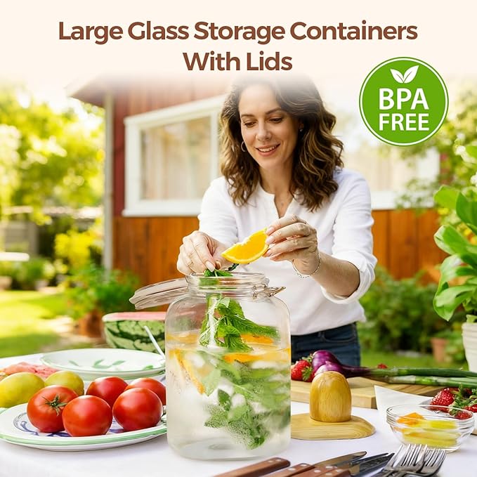 ComSaf Rice Container 5L, Flour Sugar Storage Containers, Glass Jars with Airtight Lid, 1.3 Gallon Mason Jar, Large Storage Containers with Lids for Pickled Egg, Pasta, Cereal, Beans, Set of 2