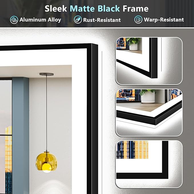72x32 Black Framed LED Bathroom Mirror with Lights, Backlit and Front Lit, Anti-Fog Lighted Vanity Mirrors for Bathroom Wall, Dimmable, 3-Color Light, Memory, Shatter-Proof, HD Tempered Glass