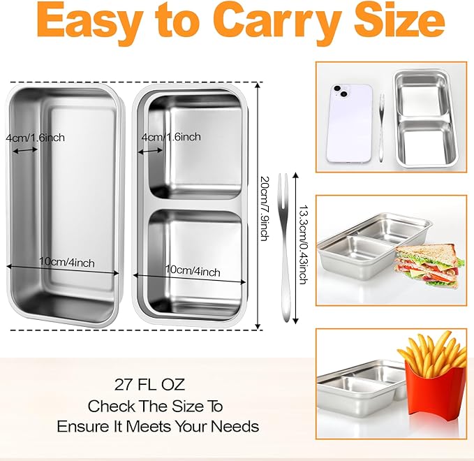 vovoyager Stainless Steel Snack Containers with Lids, Reusable Bento Lunch Container Box, Food Storage, Leak Proof, Dishwasher-Safe, Grab and Go for Work, 2 Single + 2 Double Compartment