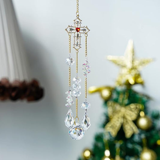 Window Hanging Crystals Suncatcher, Rainbow Prisms for Crystals, Glass Cross Shape Rhinestones Chandelier Wind Chime for Window