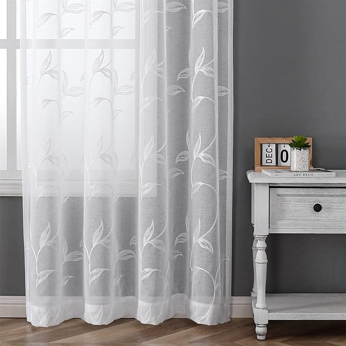 VISIONTEX White Sheer Curtains 120 Inches Long 2 Panels Set Embroidered Floral Leaf Pattern Rod Pocket Semi Sheer Voile Window Curtains/Drapes for Bedroom Living Room 54 x 120 Inches