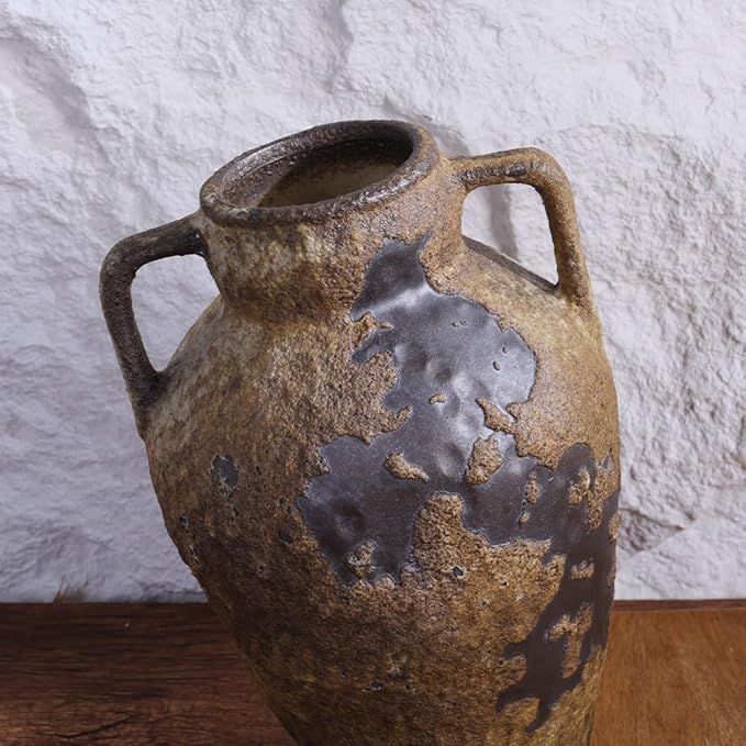 Wabi Sabi Decor Rustic Vase with 2 Handles, Farmhouse Vase for Home Decor, Vintage Terracotta Stone Vases Suitable for Home Decor, Living Room, Shelf Decor, Dining Table Decorative Vases