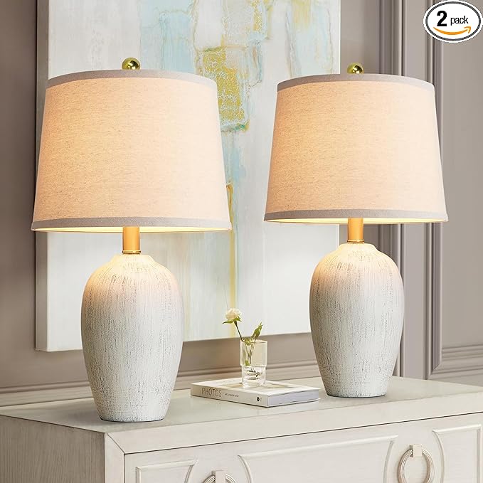 21'' Set of 2 Rustic Ceramic Table Lamps for Living Room Bedroom, Farmhouse Vintage Nightstand Lamps for Office Entryway End Table, 2 Bulbs Included