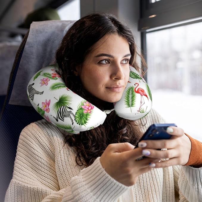 Neck Pillow Memory Foam Chin Cushion with Breathable Cover Green Palm Leaf Zebra Pink Flamingo Floral, Cute Airplane Car Pillows for Office Head Pain Relief