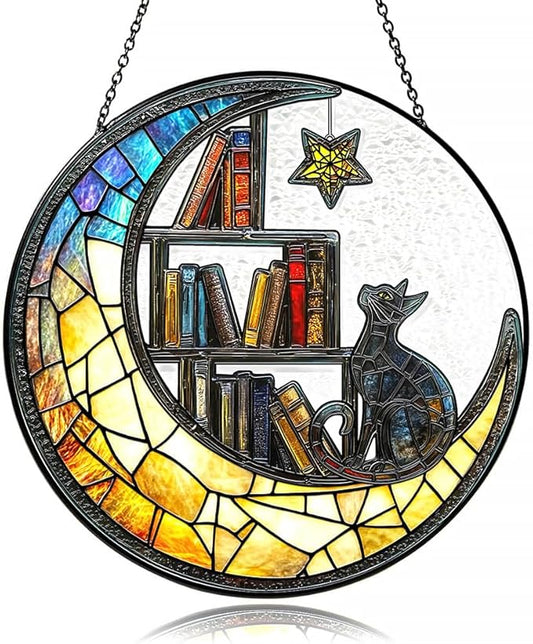 Cat Suncatcher - Sun Catchers Indoor Window, Celestial Stained Glass Window Hanging Decor with Star & Bookshelf Design, Pet Memorial Gift for Cat Lovers, Grieving Pet Owners, or Gothic Home Aesthetic