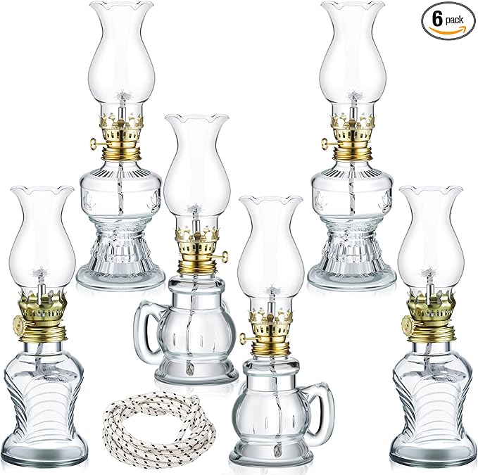 Yexiya 6 Pcs Chamber Oil Lamps Oil Lamp Vintage Glass Kerosene Lamp Bulk with Adjustable Fire Wick Rustic Clear Hurricane with 6.6 ft Extra Wick for Indoor Use Home Decor 8 Inch (Classic Style)