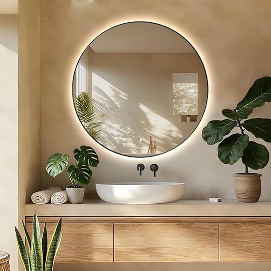 30" Round LED Bathroom Mirror, Wall Mounted Backlit Vanity Mirror with 45° Beveled Frame Lighted Mirror for Bedroom, Fog Free 3-Color Dimmable Lights Memory Function, Black