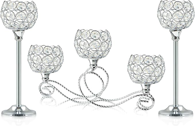 Silver 5 Arm Metal Crystal Tea Light Candle Holder, Elegant Wedding Table Centerpiece Candle Holder, Christmas Wishing Crystal Bowl Candle Holder Suitable for Wedding Party Living Room Decoration