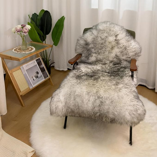 Genuine Sheepskin Rug New Zealand Fluffy Lambskin Rug, Natural Luxury Sheepskin Throw for Bedroom Living Room Children's Room - Premium Area Rug Chair Cover (2×3 Feet, Grey Tip)