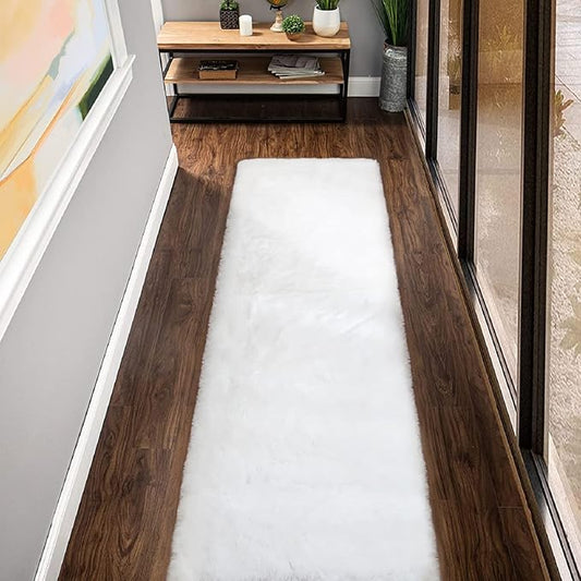 Fuzzy White Machine Washable Runner Faux Rabbit Furry Fur Rugs for Bedroom Plush Runner Rugs for Hallway 2x10 Rectangle Rug Home Décor