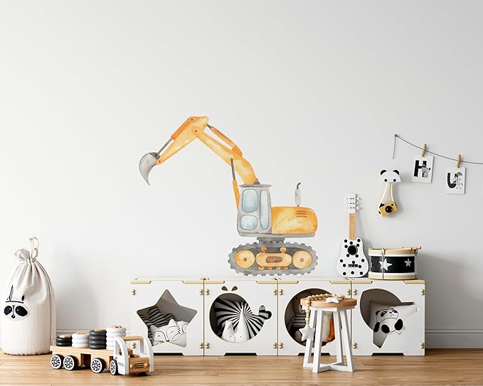 Construction Excavator Wall Decal for Boys Room, Construction Eqipment Peel Stick Removable Fabric Wall Sticker, Nursery or Playroom Decor, Repositionable (30 inch: 27" Tall x 30" Wide)