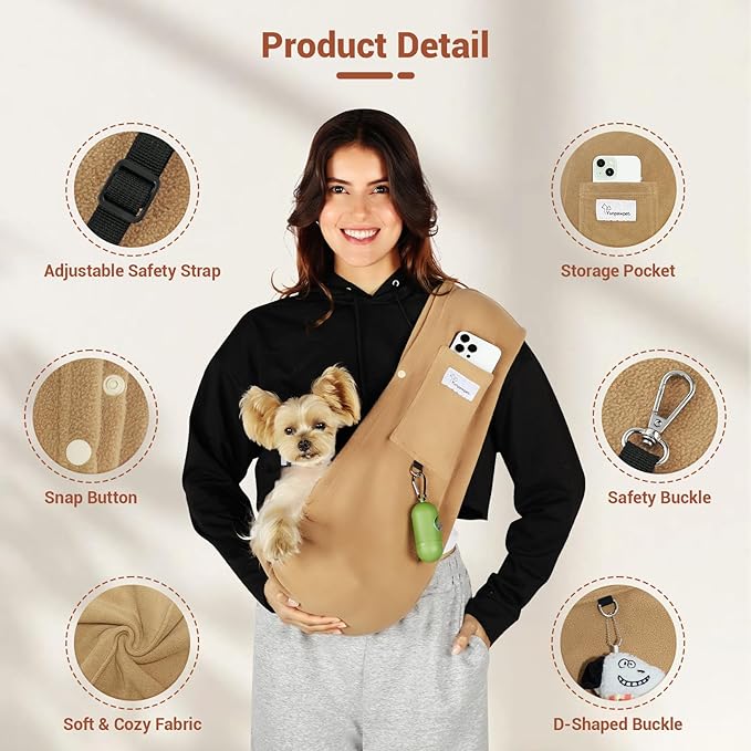 Yunpawpet Dog Carrier Sling,Indoor Comfort Adjustable Cat Sling Carrier,with Front Pocket and Seat Belt Dog Carriers for Small Dogs Machine Washable,Suitable for Family Outdoor Use (Medium, Khaki)