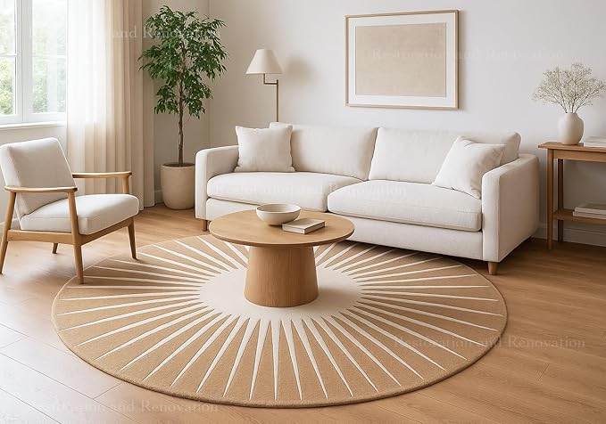 Modern Round Area Rug – Hand-Tufted with 100% NZ Wool, Thick & Soft Circular Carpet for Living Room, Bedroom & Dining Room Decor (Warm Natural, 9' Round)