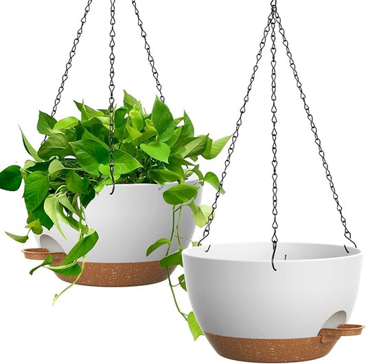 13 Inch 2 Pack Large Self Watering Hanging Planters for Indoor Outdoor Plants, Hanging Plant Pots with Removable 50 Oz Reservoir, Plastic Hanging Basket for Window Porch Garden, White with Brown