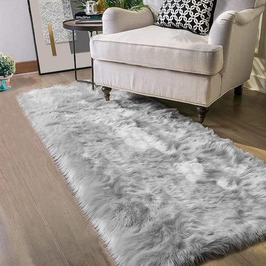 Latepis Grey Fluffy Rugs for Bedroom Rug Runner 2x5 Faux Sheepskin Fur Furry Rug for Living Room Home Décor Sofa Cushion, Runner