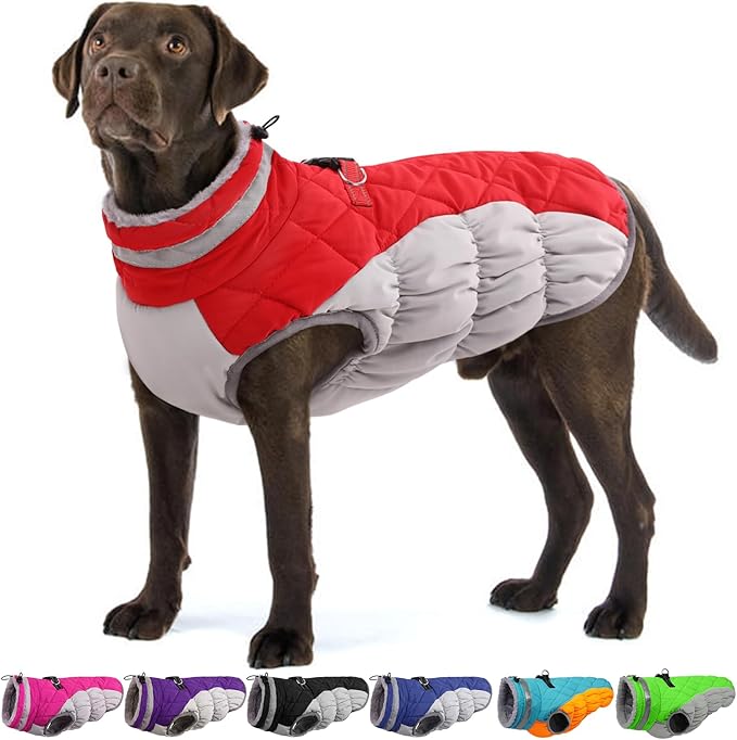 OUOBOB Large Dog Coat, XXLarge Dog Winter Coat, Waterproof Pet Jacket with Back Zipper,Extra Large Pet Coats, Warm Fleece Jacket with D-Ring, Windproof Winter Clothes Golden Retriever,Red,XXL