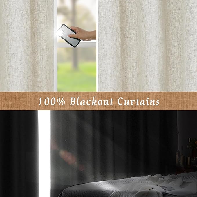LAMIT 100% Blackout Short Linen Curtains for Cafe, 40 Inch Length Linen Textured Thermal Curtains Back Tab and Rod Pocket Neutral Panels with White Liner for Kitchen, 2 Panels, 42 x 40 Inch, Stone