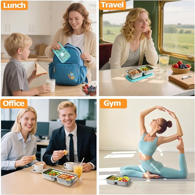 vovoyager Stainless Steel Snack Containers with Lids, Reusable Bento Lunch Container Box, Food Storage, Leak Proof, Dishwasher-Safe, Grab and Go for Work, 6 Pack (Double Compartment)