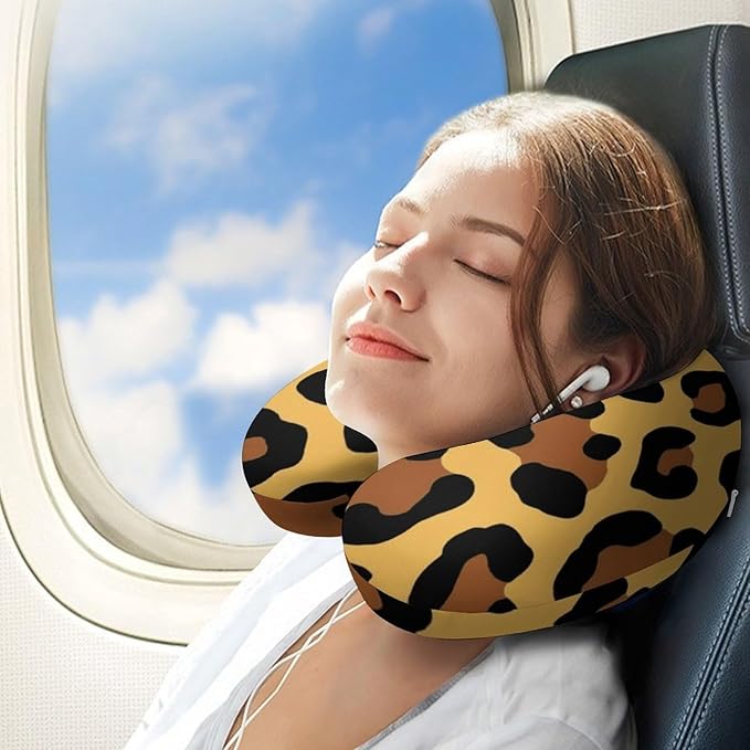 Compact Polyester Neck Support Pillow, Cheetah Leopard Print Floral Dark Yellow U-Shaped, U-Shape Rest Cushion for Car Office Travel, Machine Washable Comfort